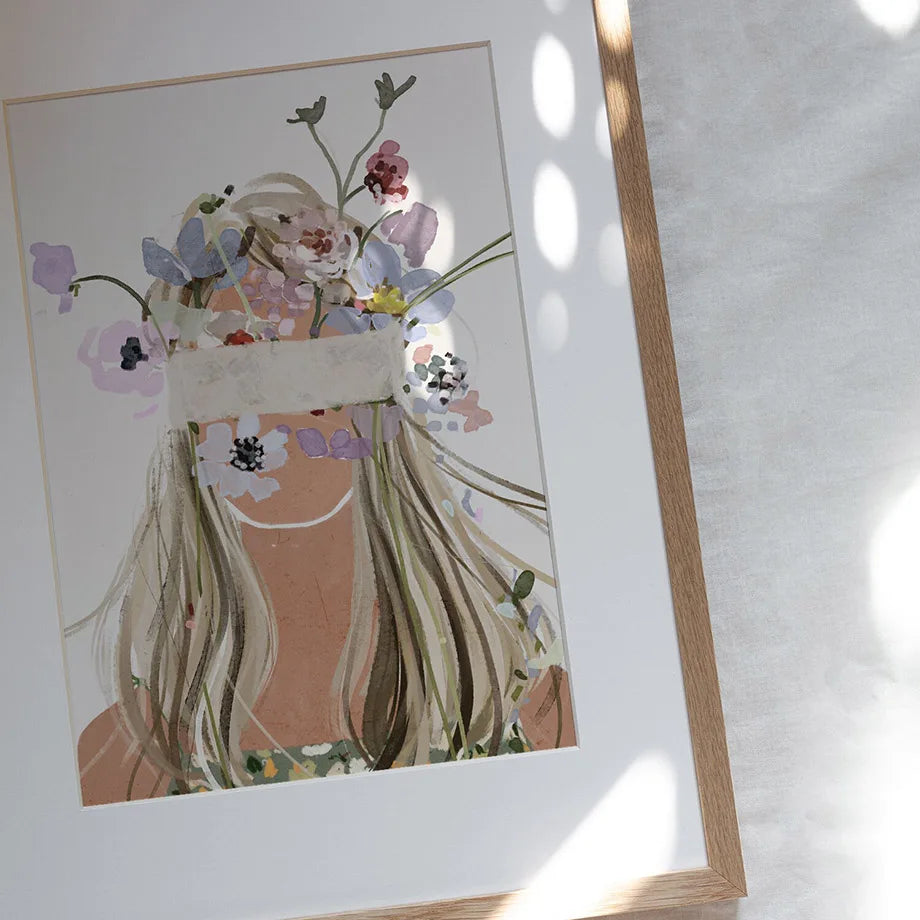 Boho Abstract Girl with Flowers & Leaves Canvas Print
