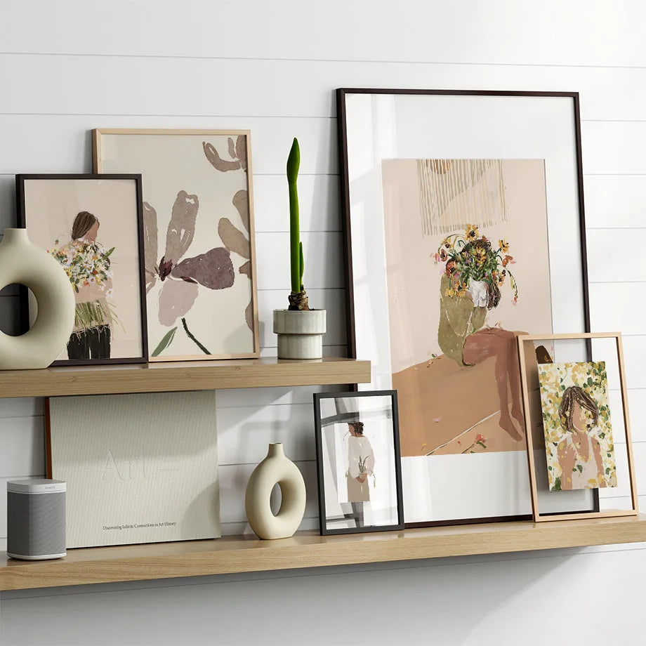 Boho Abstract Girl with Flowers & Leaves Canvas Print