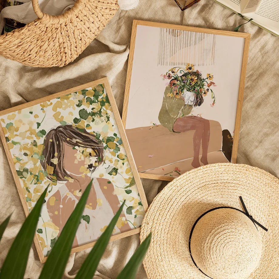 Boho Abstract Girl with Flowers & Leaves Canvas Print
