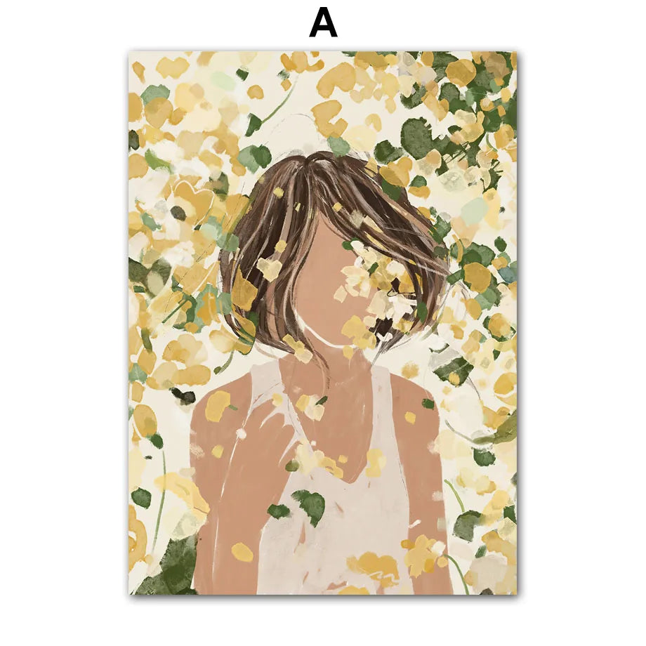 Boho Abstract Girl with Flowers & Leaves Canvas Print
