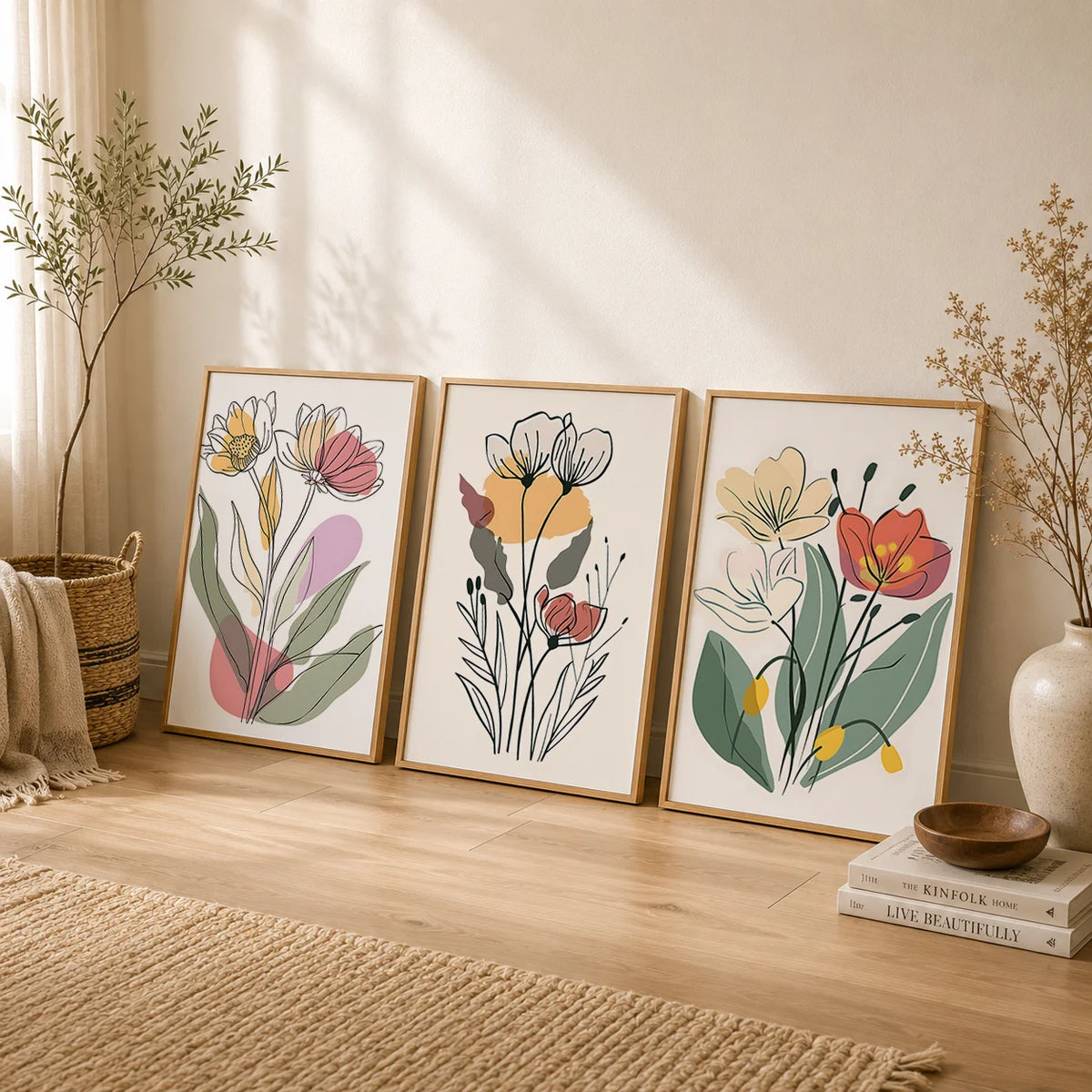 Boho Floral Line Art Canvas Print